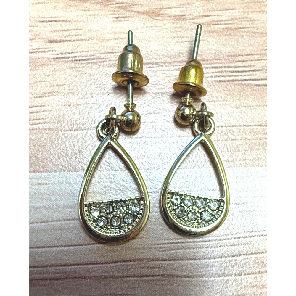 Gold Tone Rhinestone Teardrop‎ Dangle Earrings Vintage Y2K